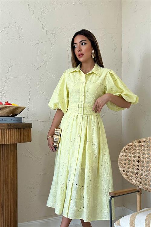 Toptan Sarı Pileli Balon Kol Elbise