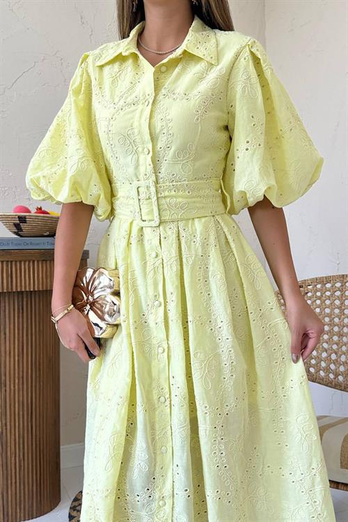 Toptan Sarı Pileli Balon Kol Elbise