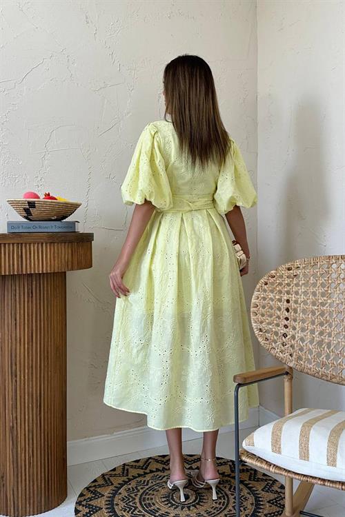 Toptan Sarı Pileli Balon Kol Elbise