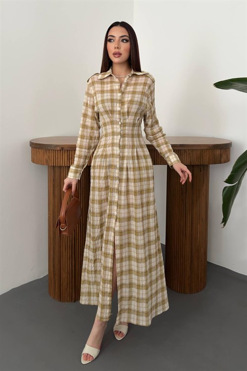 Wholesale Yellow Pleated Plaid Dress