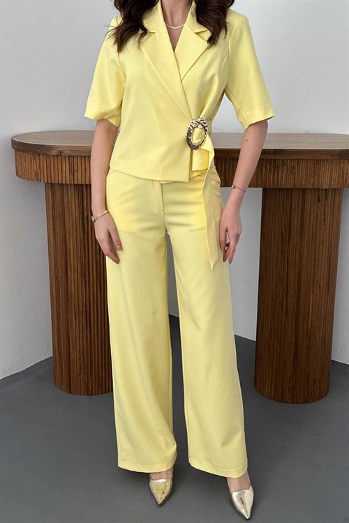 Wholesale Yellow Buckled Jacket and Straight Trousers Suit