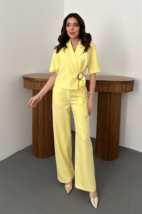 Wholesale Yellow Buckled Jacket and Straight Trousers Suit