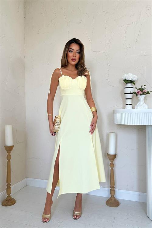 Toptan Sarı Yırtmaçlı Göğüs Kuplu Atlas Elbise