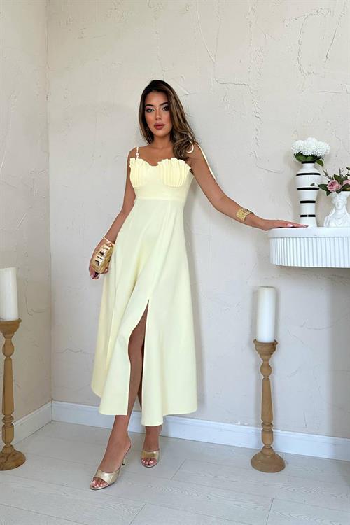 Toptan Sarı Yırtmaçlı Göğüs Kuplu Atlas Elbise