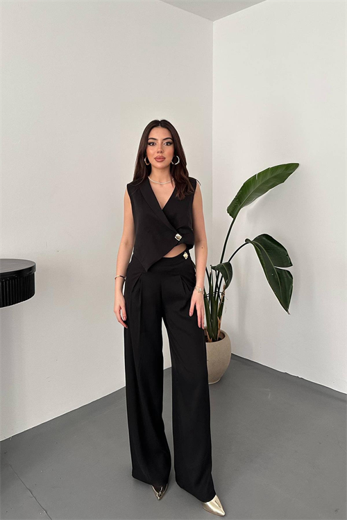 Wholesale Black Asymmetrical Vest and Palazzo Pants Set