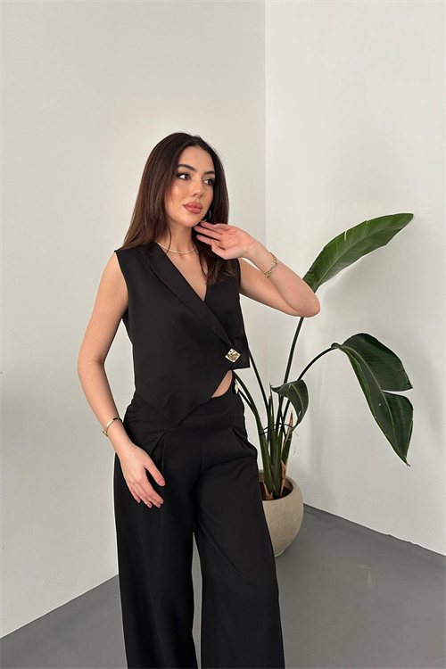 Wholesale Black Asymmetrical Vest and Palazzo Pants Set