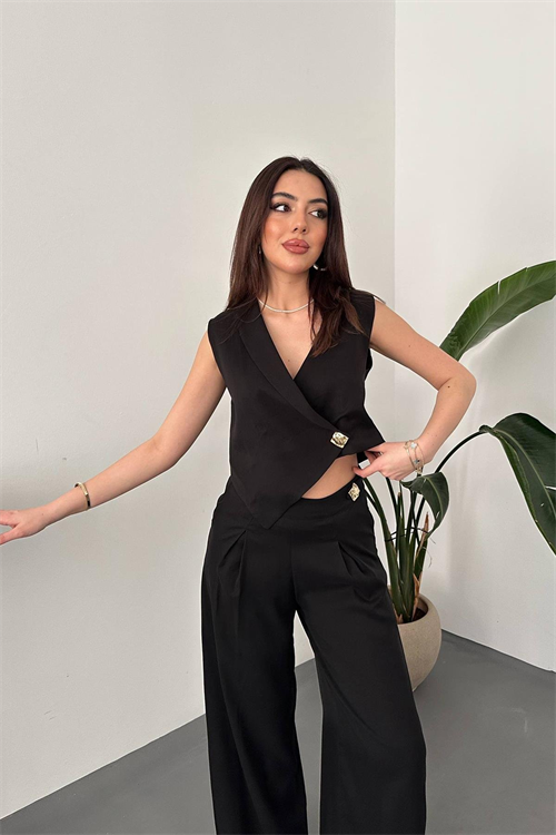 Wholesale Black Asymmetrical Vest and Palazzo Pants Set