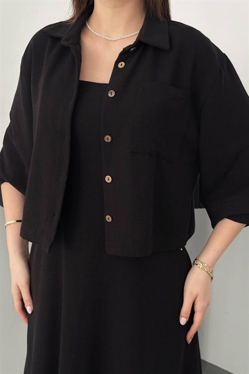 Wholesale Black Cropped Shirt and Strappy Dress Set