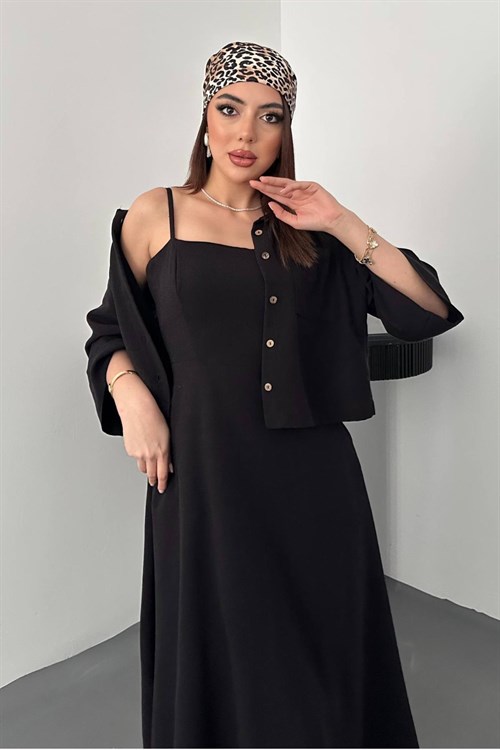 Wholesale Black Cropped Shirt and Strappy Dress Set