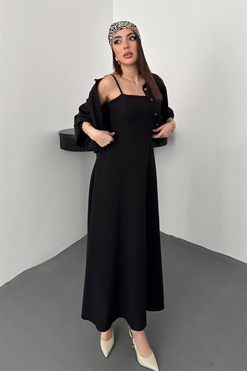 Wholesale Black Cropped Shirt and Strappy Dress Set