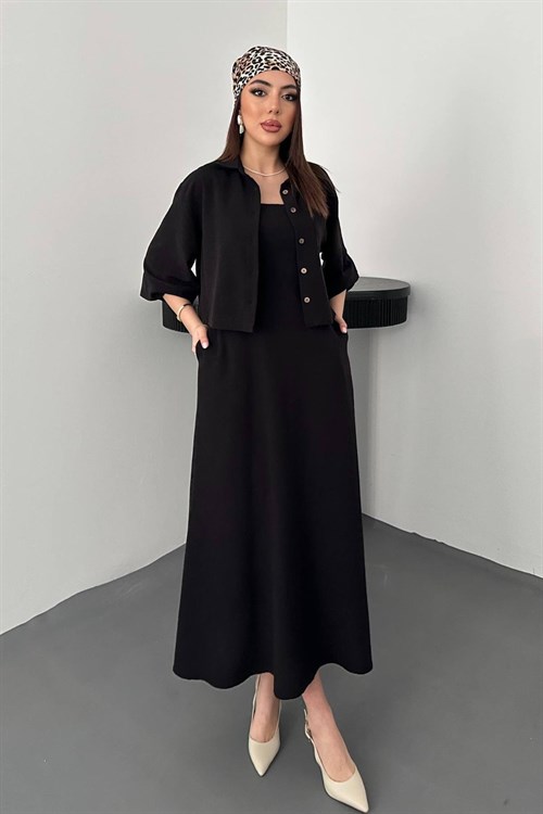 Wholesale Black Cropped Shirt and Strappy Dress Set