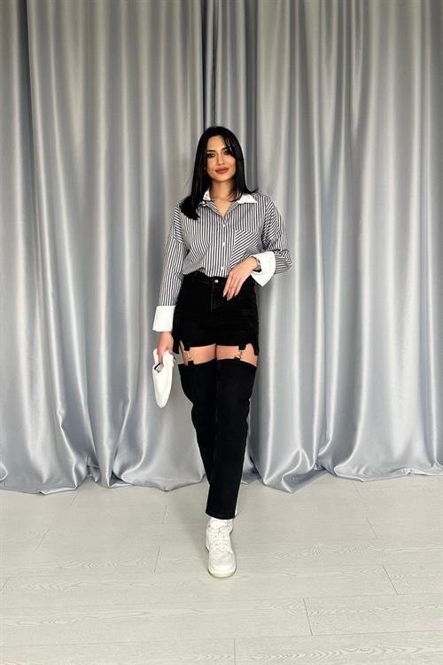 Toptan Siyah Askılı İki Parça Jeans Pantolon