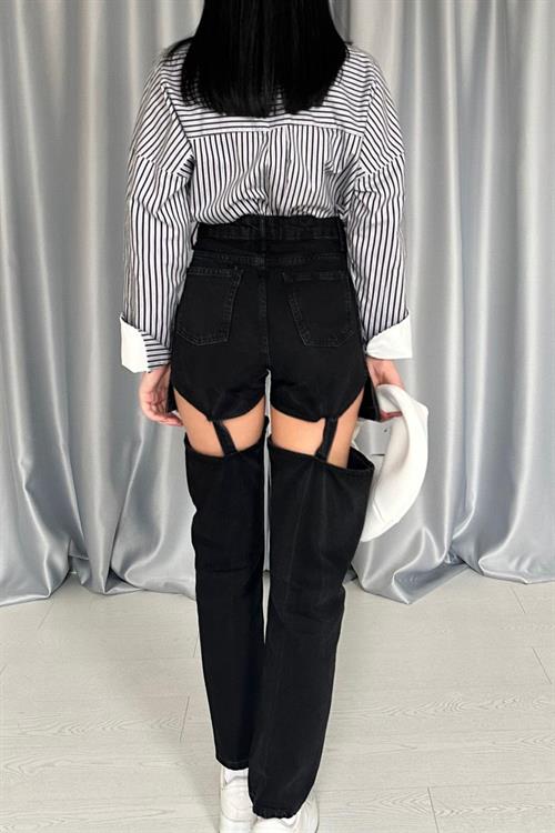 Toptan Siyah Askılı İki Parça Jeans Pantolon