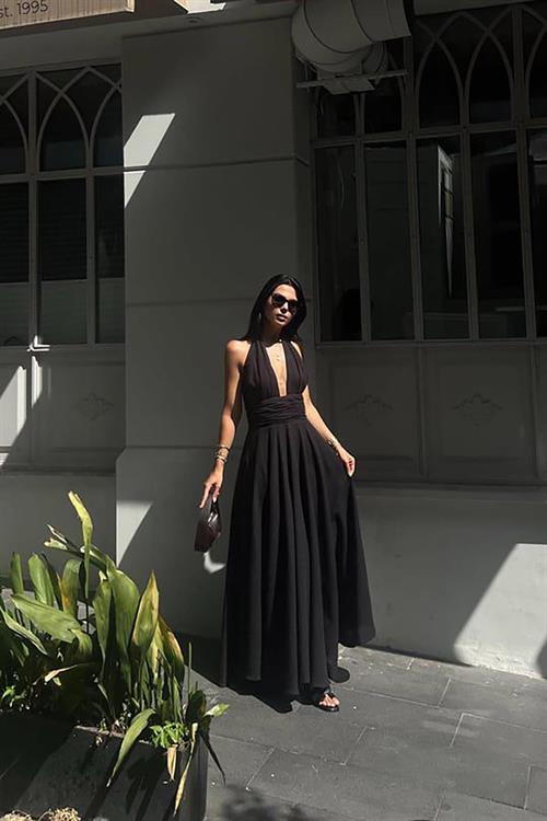 Toptan Siyah Askılı Keten Elbise