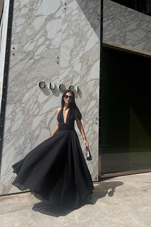 Toptan Siyah Askılı Keten Elbise