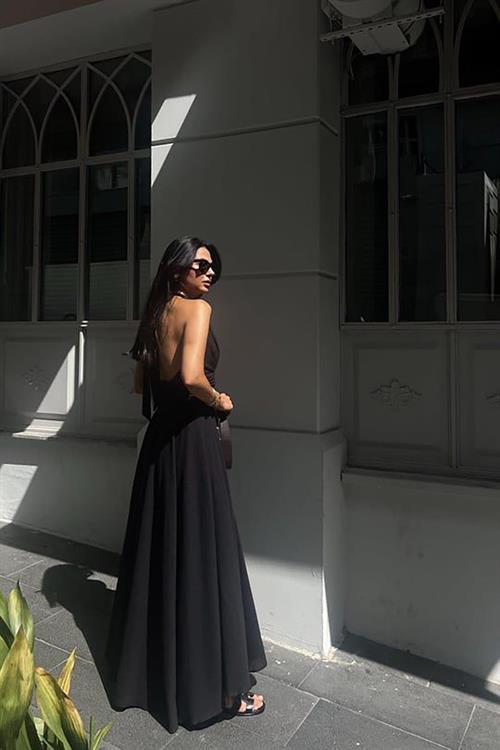 Toptan Siyah Askılı Keten Elbise