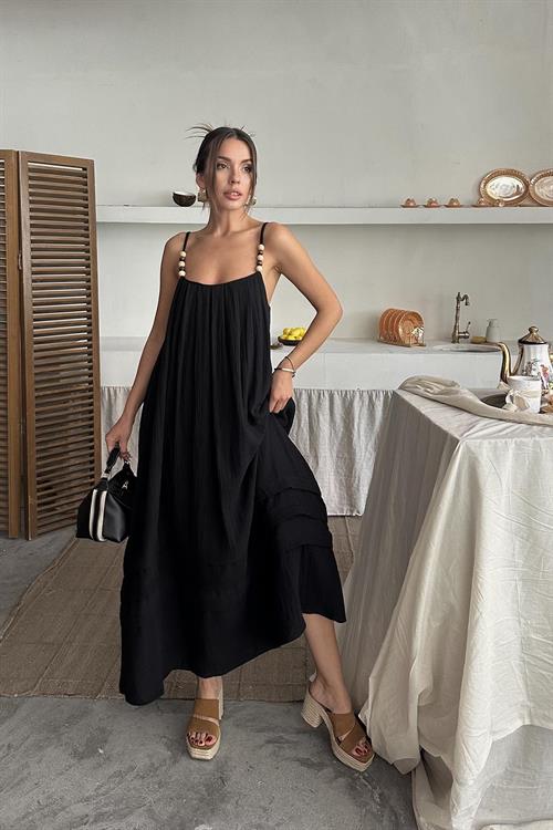 Toptan Siyah Askılı Müslin Elbise