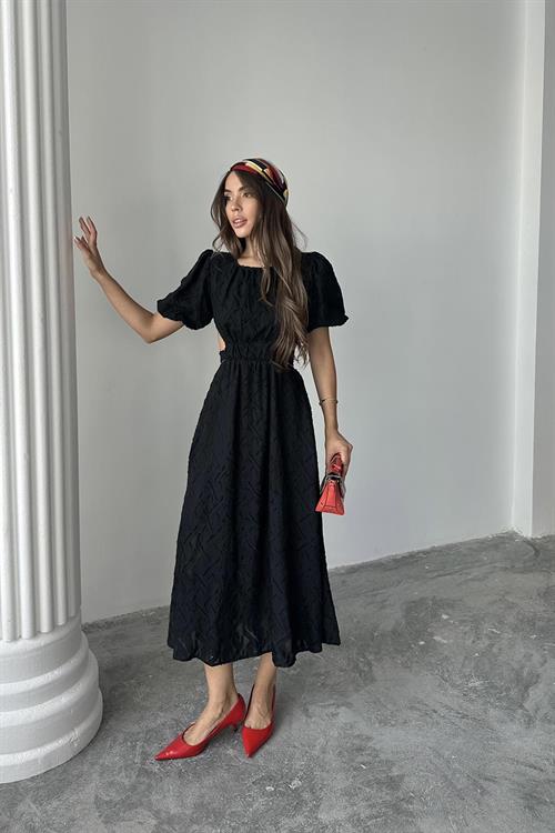 Toptan Siyah Balon Kol Kuşaklı Elbise