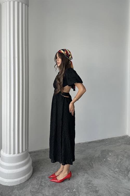 Toptan Siyah Balon Kol Kuşaklı Elbise