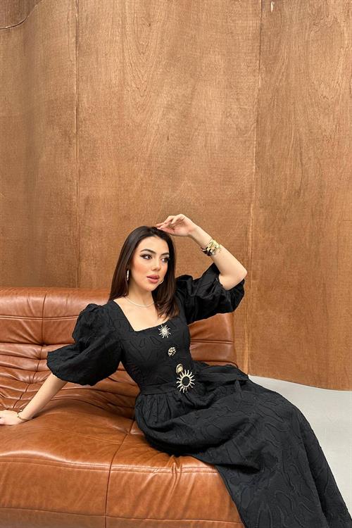 Wholesale Black Balloon Sleeve Dress with Belt and Gold Detail