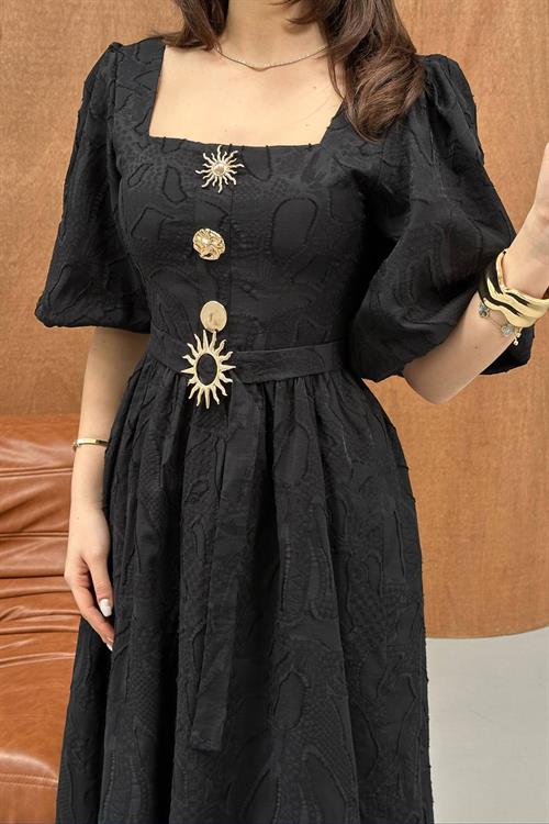 Wholesale Black Balloon Sleeve Dress with Belt and Gold Detail