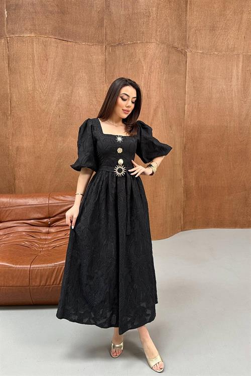 Wholesale Black Balloon Sleeve Dress with Belt and Gold Detail