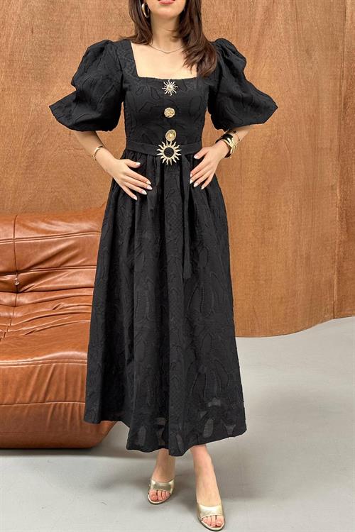 Wholesale Black Balloon Sleeve Dress with Belt and Gold Detail