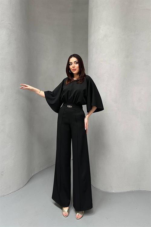 Wholesale Black Batwing Sleeve Jumpsuit with Belt