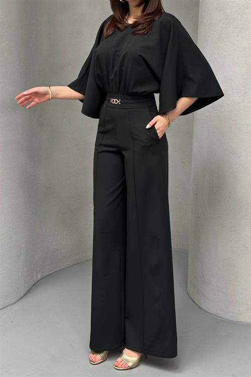 Wholesale Black Batwing Sleeve Jumpsuit with Belt