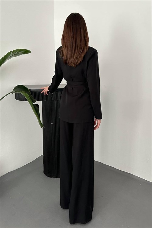 Wholesale Black Belted Jacket and Palazzo Trousers Suit