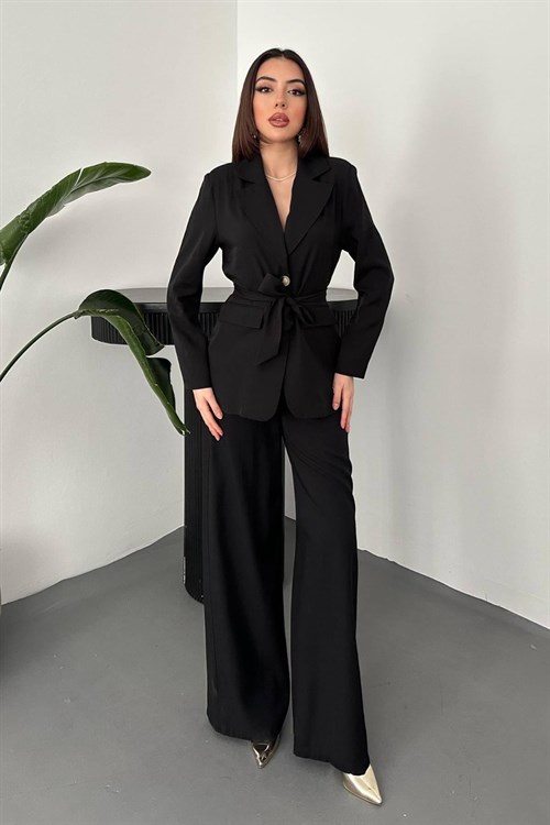 Wholesale Black Belted Jacket and Palazzo Trousers Suit