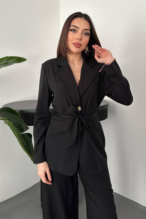 Wholesale Black Belted Jacket and Palazzo Trousers Suit