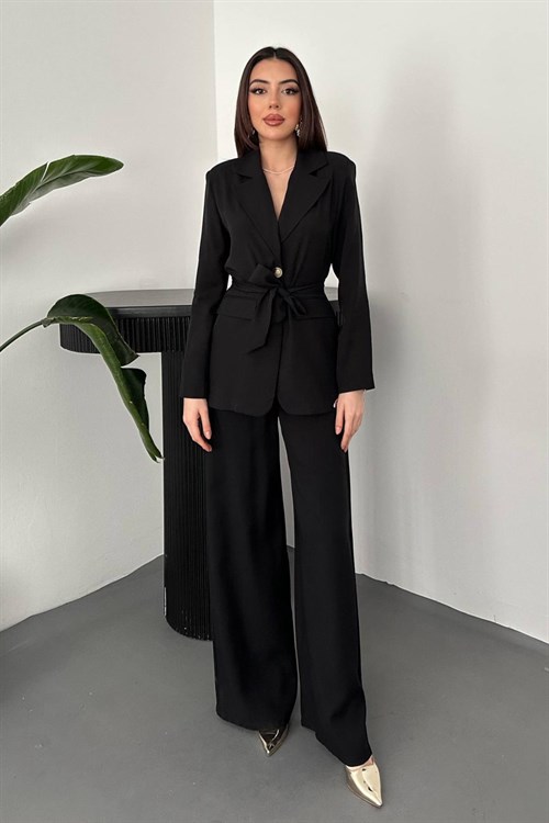 Wholesale Black Belted Jacket and Palazzo Trousers Suit