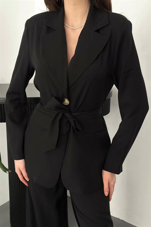 Wholesale Black Belted Jacket and Palazzo Trousers Suit