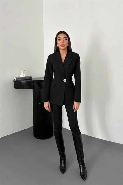 Toptan Siyah Belden Oturtmalı Blazer Ceket