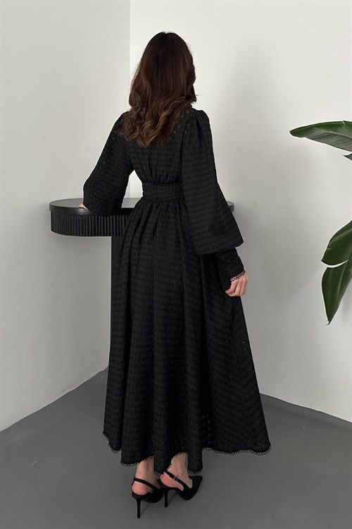 Toptan Siyah Brode Kemerli Fisto Elbise