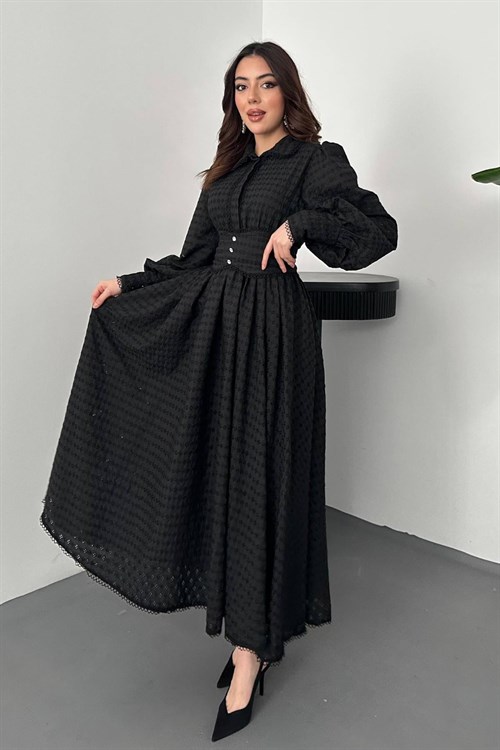 Toptan Siyah Brode Kemerli Fisto Elbise