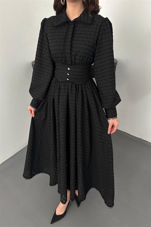 Toptan Siyah Brode Kemerli Fisto Elbise