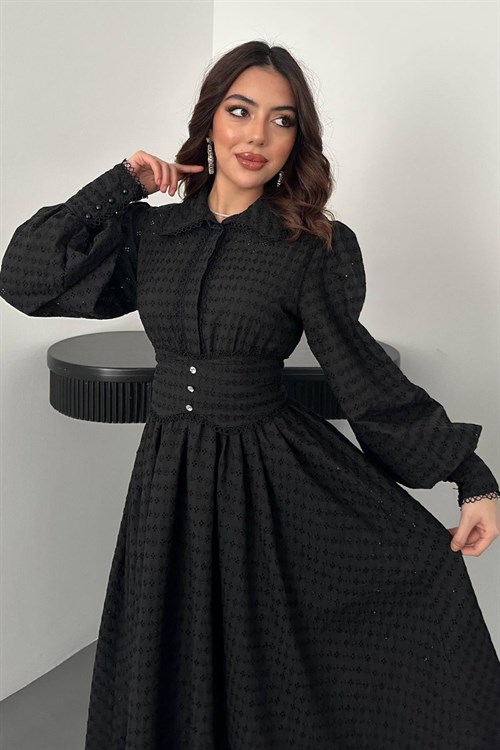 Toptan Siyah Brode Kemerli Fisto Elbise