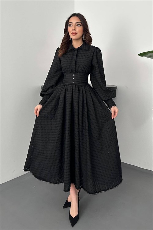 Toptan Siyah Brode Kemerli Fisto Elbise