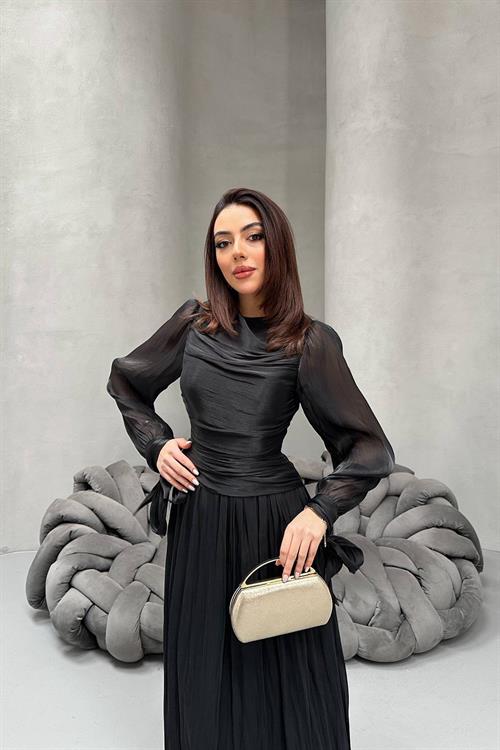 Toptan Siyah Büzgü Detaylı Manşeti Kuşaklı Elbise