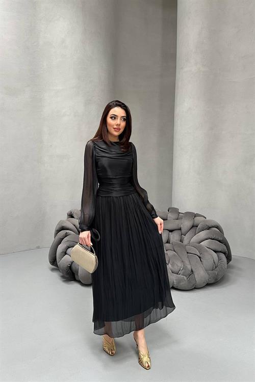 Toptan Siyah Büzgü Detaylı Manşeti Kuşaklı Elbise