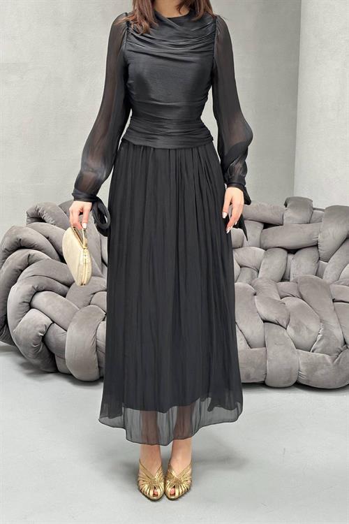 Toptan Siyah Büzgü Detaylı Manşeti Kuşaklı Elbise