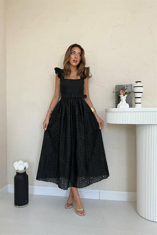 Toptan Siyah Dantelli Brode Elbise