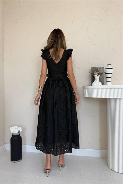 Toptan Siyah Dantelli Brode Elbise