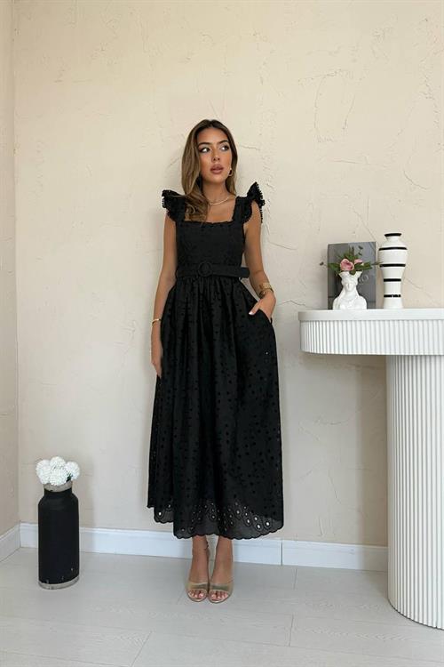 Toptan Siyah Dantelli Brode Elbise