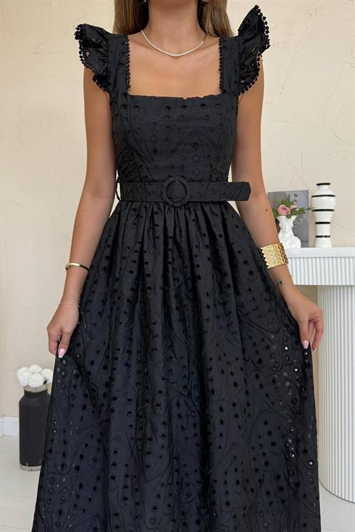 Toptan Siyah Dantelli Brode Elbise