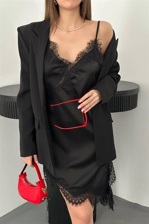 Wholesale Black Satin Dress with Lace Trim