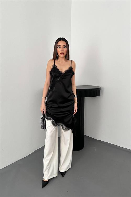 Wholesale Black Satin Dress with Lace Trim