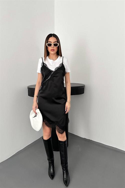 Wholesale Black Satin Dress with Lace Trim